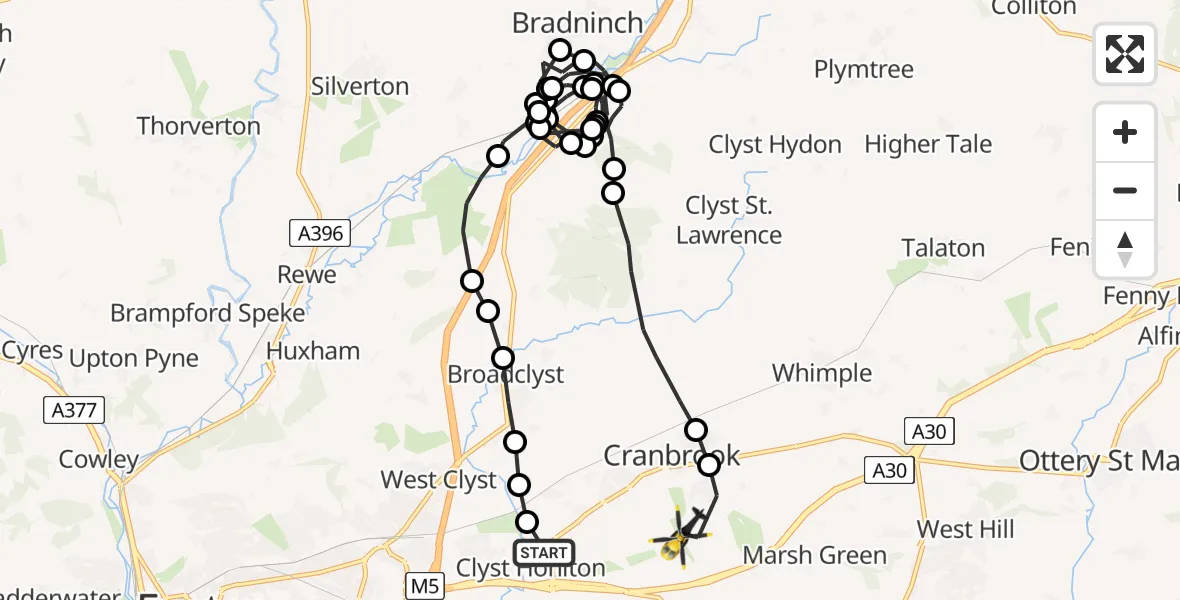 Routekaart van de vlucht: Police Helicopter to Rockbeare, Silver Lane