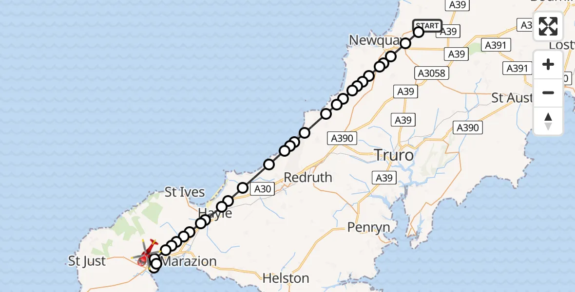 Flight route map: Air Ambulance Helicopter to Heamoor, Bone Valley