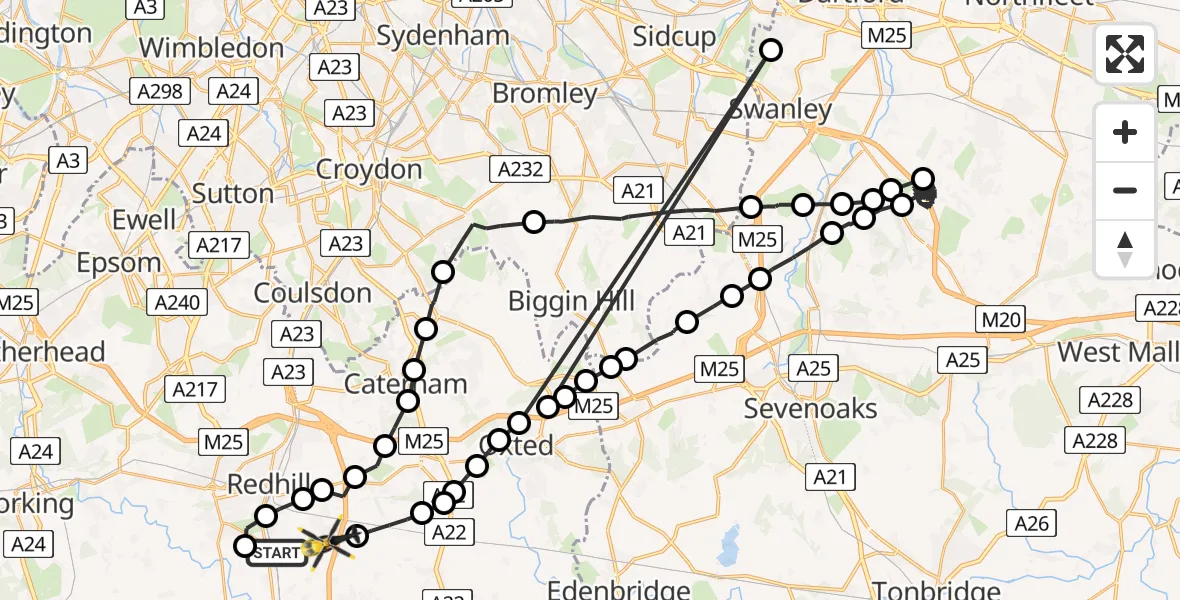 Flight route map: Police Helicopter to South Nutfield, M23