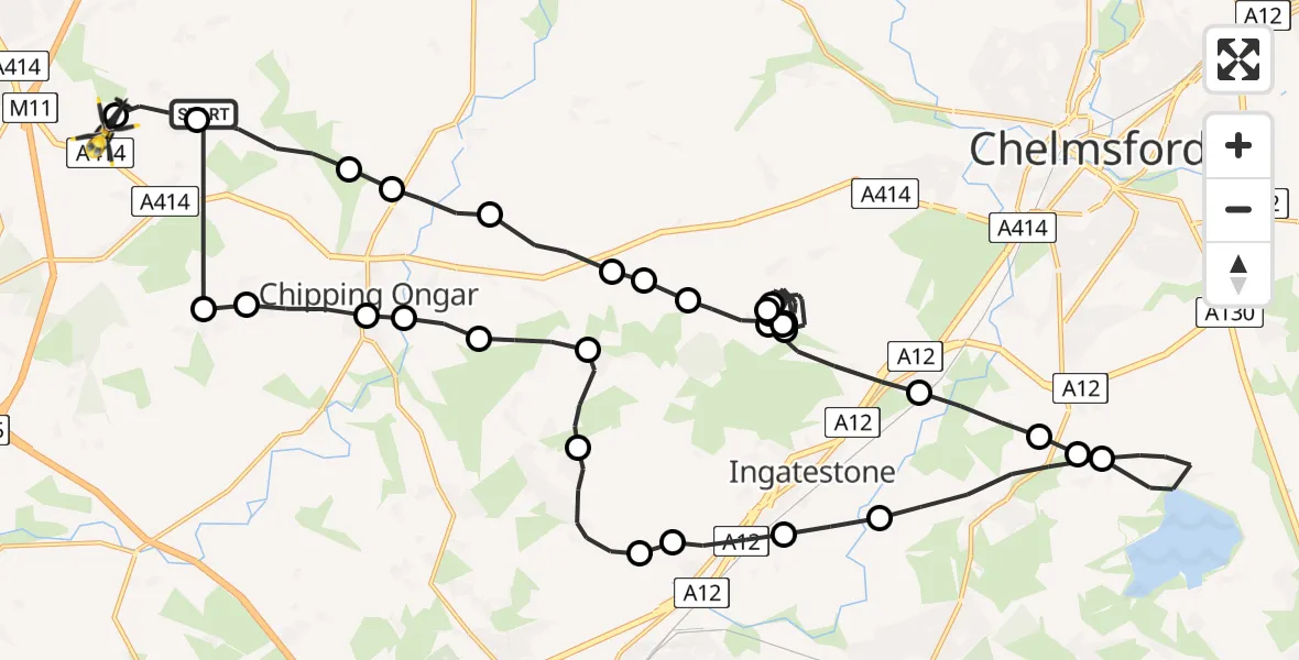 Flight route map: Police Helicopter to North Weald Bassett, Canes Lane