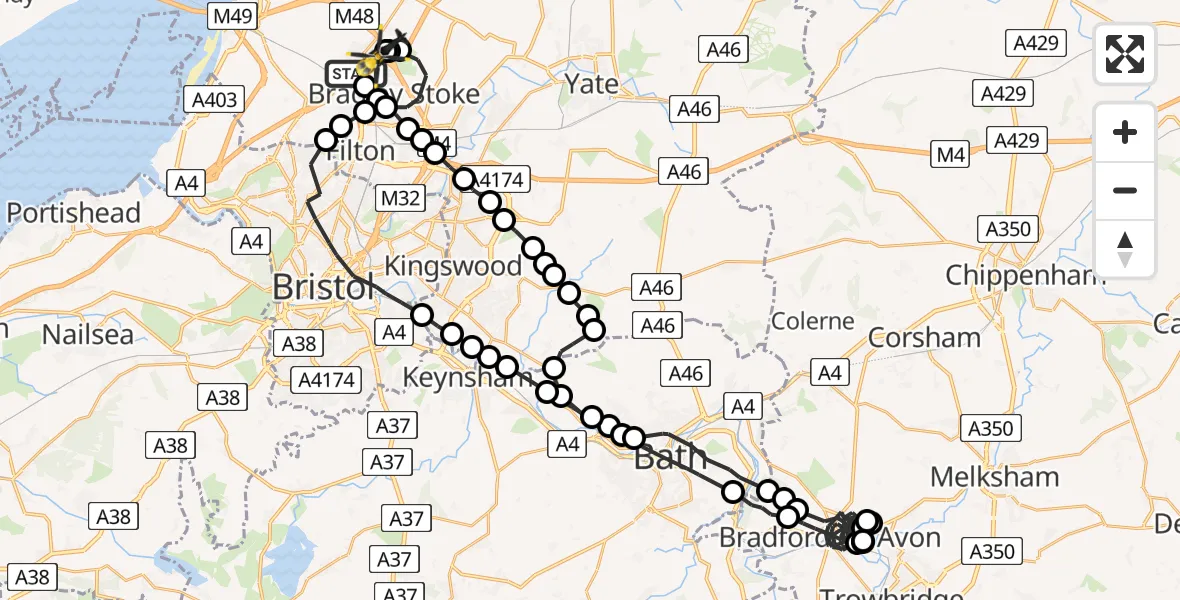 Routekaart van de vlucht: Police Helicopter to Almondsbury Helicopter Base, Almondsbury Helicopter Base