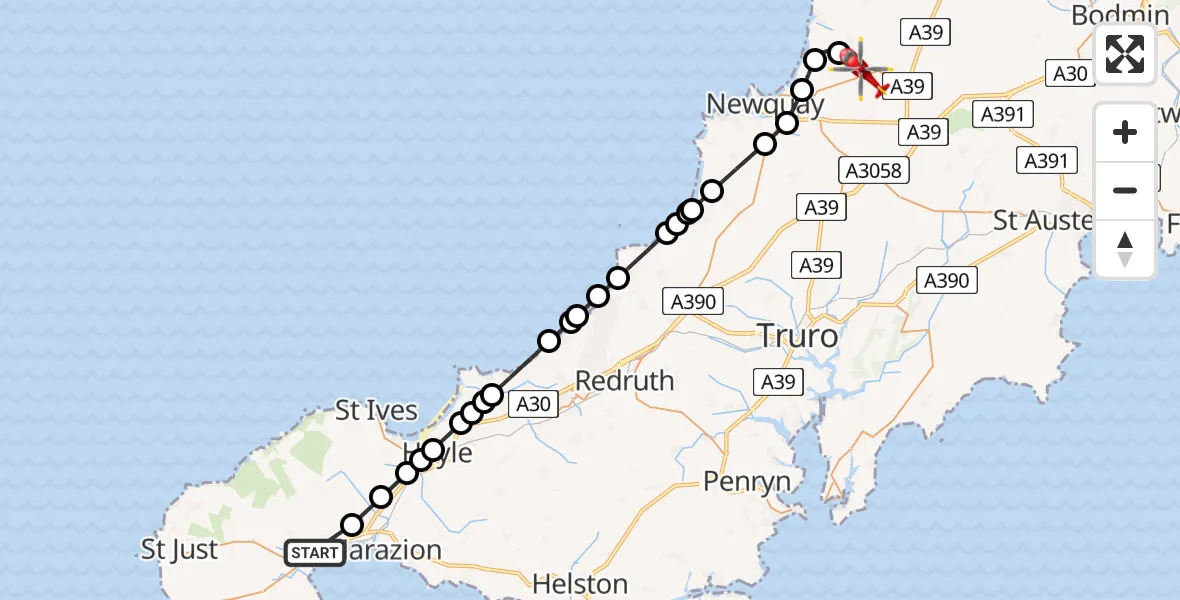Flight route map: Air Ambulance Helicopter to Cornwall Airport Newquay, Cornwall Airport Newquay