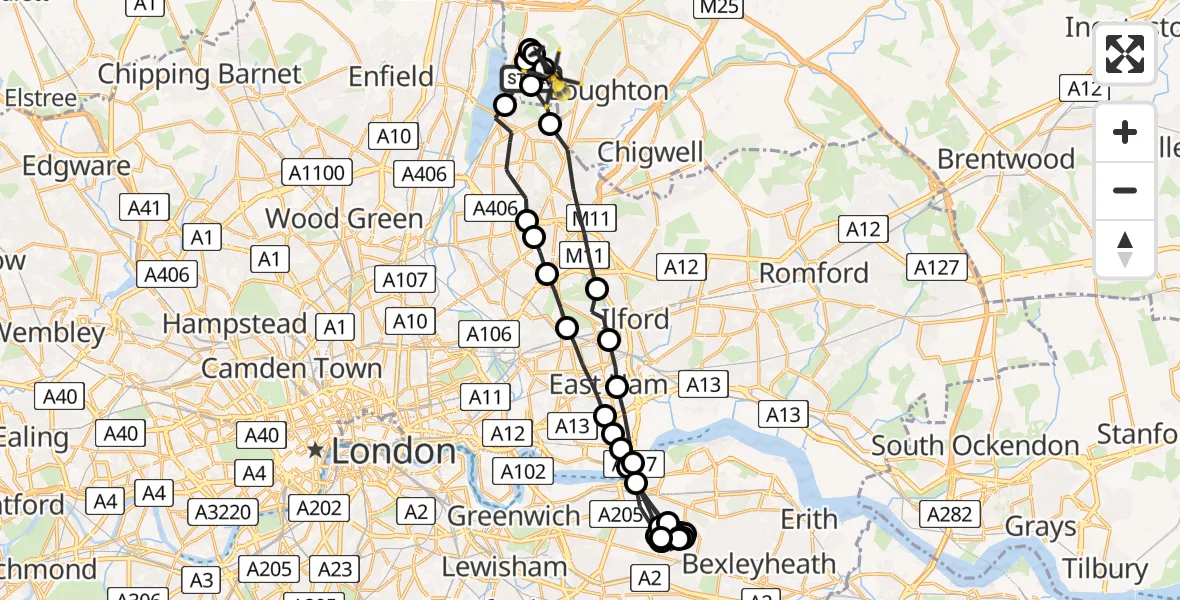 Flight route map: Police Helicopter to Metropolitan Police Air Support Unit Lippitts Hill, Metropolitan Police Air Support Unit Lippitts Hill