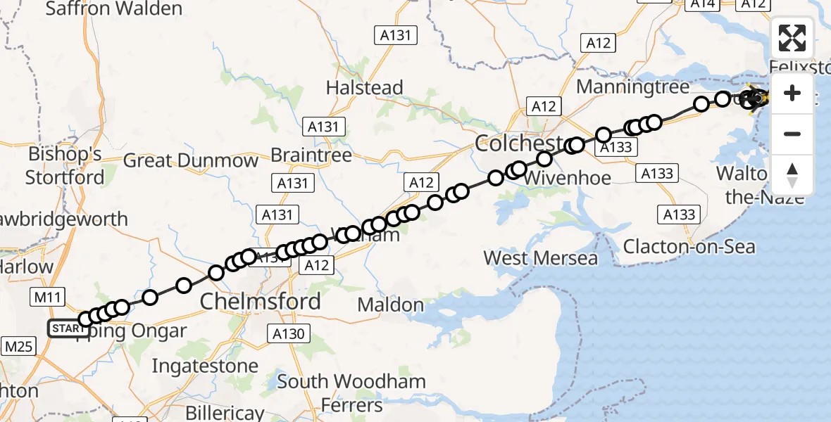 Routekaart van de vlucht: Police Helicopter to Tendring, Kings Road