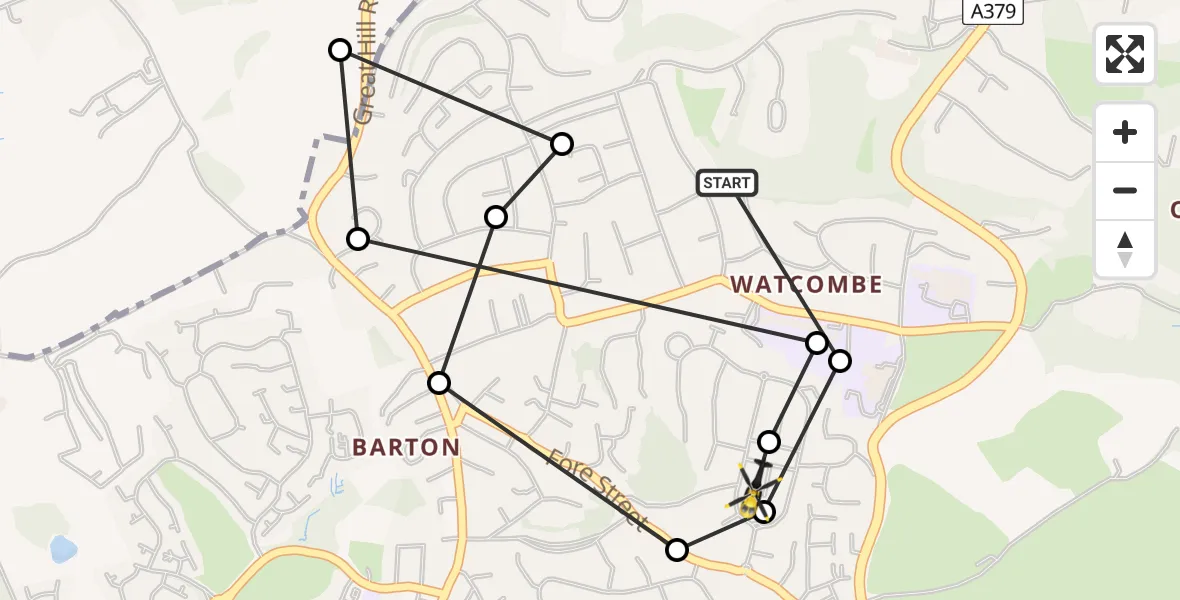 Flight route map: Police Helicopter to Watcombe, Starpitten Grove