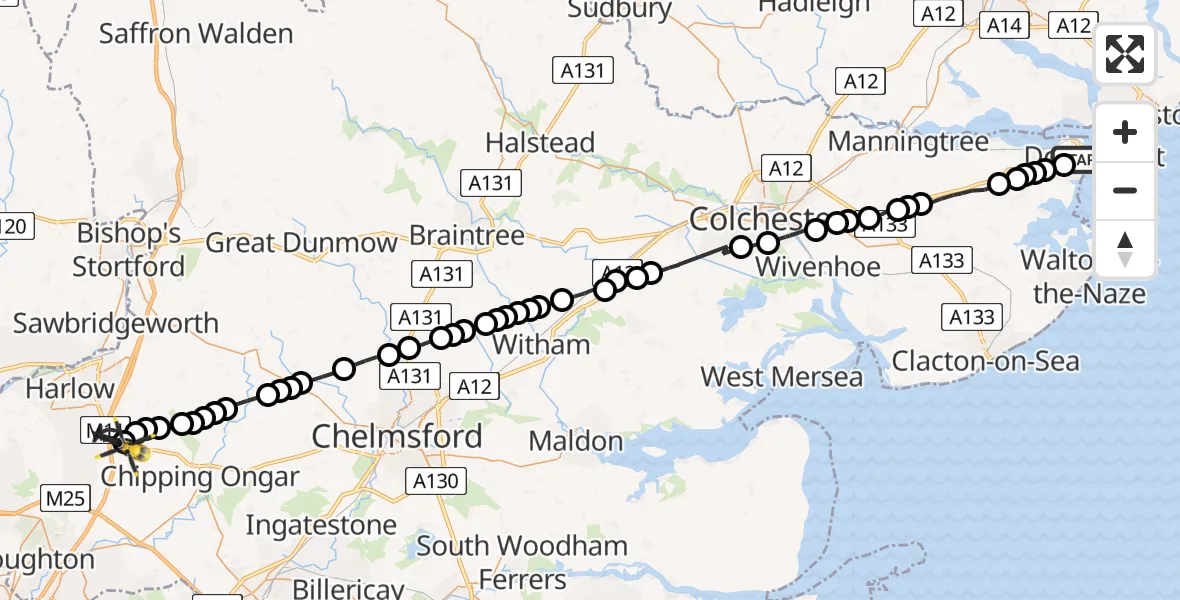 Routekaart van de vlucht: Police Helicopter to North Weald Bassett, Delved Bridge