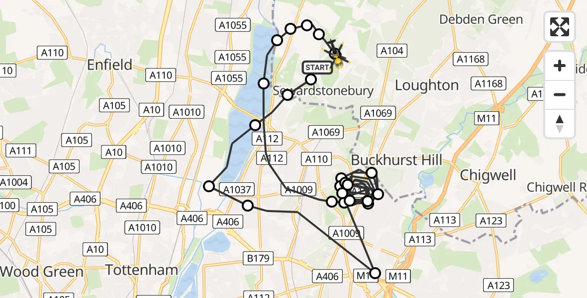 Flight route map: Police Helicopter to Metropolitan Police Air Support Unit Lippitts Hill, Metropolitan Police Air Support Unit Lippitts Hill