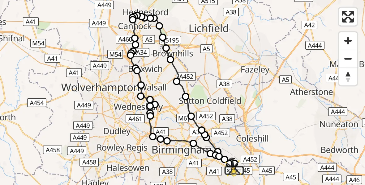 Flight route map: Police Helicopter to Solihull, Coventry Road