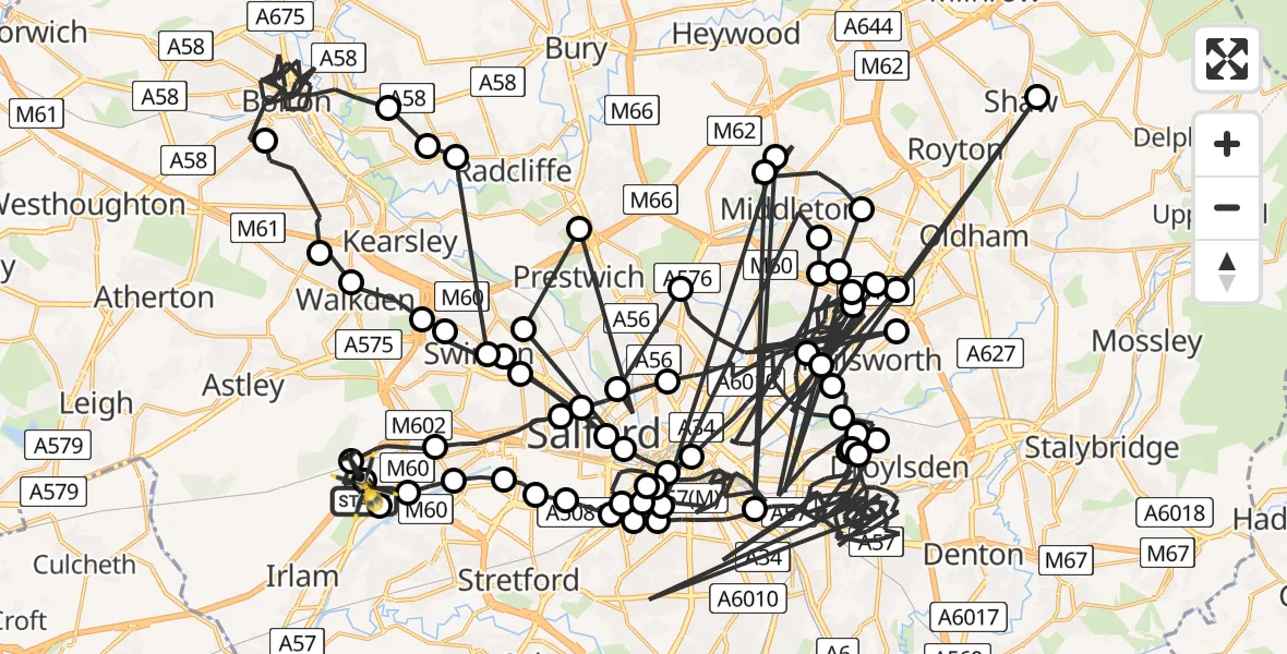 Flight route map: Police Helicopter to Worsley, Twelve Yards Road
