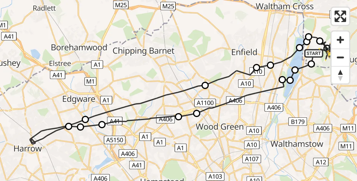 Flight route map: Police Helicopter to Metropolitan Police Air Support Unit Lippitts Hill, Metropolitan Police Air Support Unit Lippitts Hill