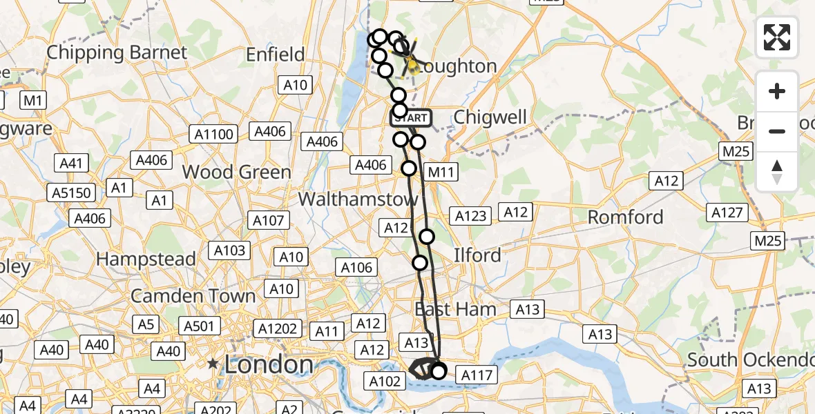 Flight route map: Police Helicopter to Sewardstonebury, Lippitts Hill