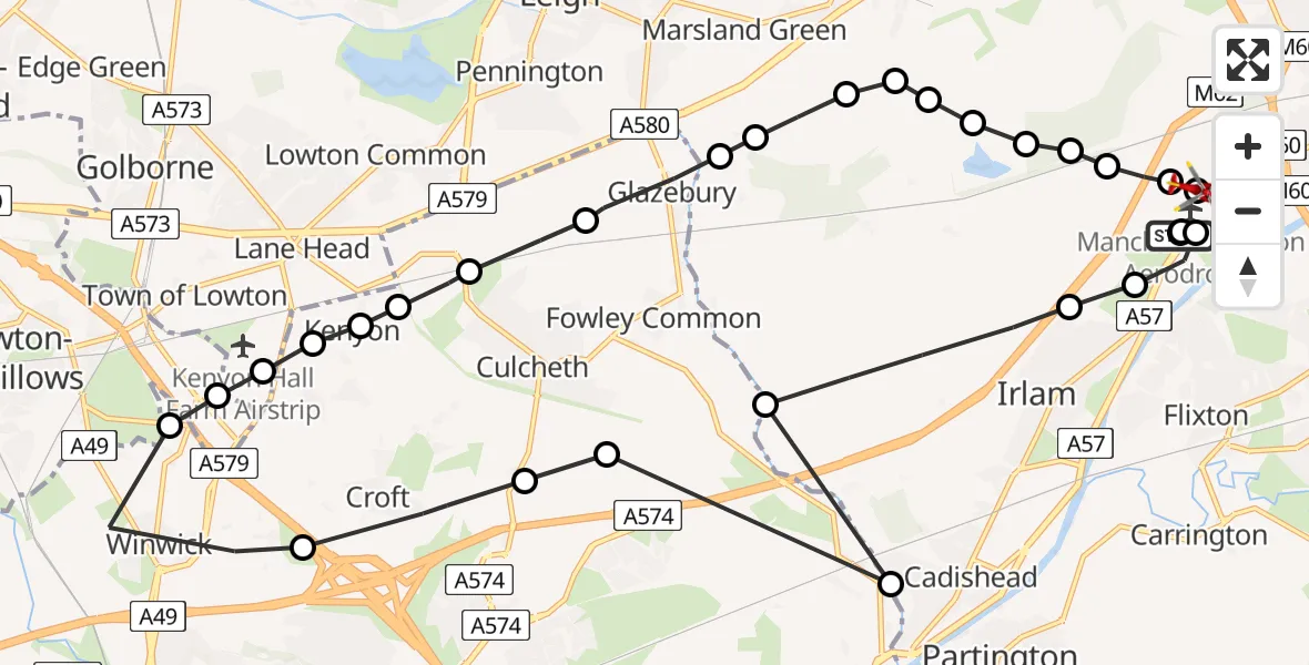 Flight path map showing Air Ambulance Helicopter route from Manchester Barton Aerodrome to Manchester Barton Aerodrome
