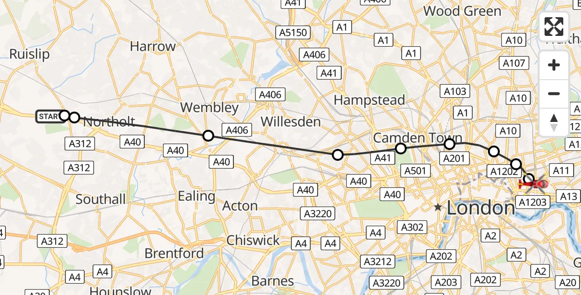 Flight route map: Air Ambulance Helicopter to Royal London Hospital, Royal London Hospital