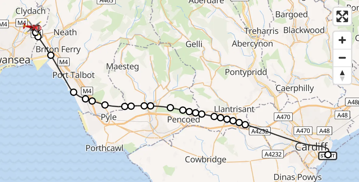 Routekaart van de vlucht: Air Ambulance Helicopter to Tregof, Heol Las