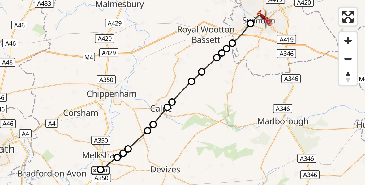 Flight route map: Air Ambulance Helicopter to Swindon, County Road