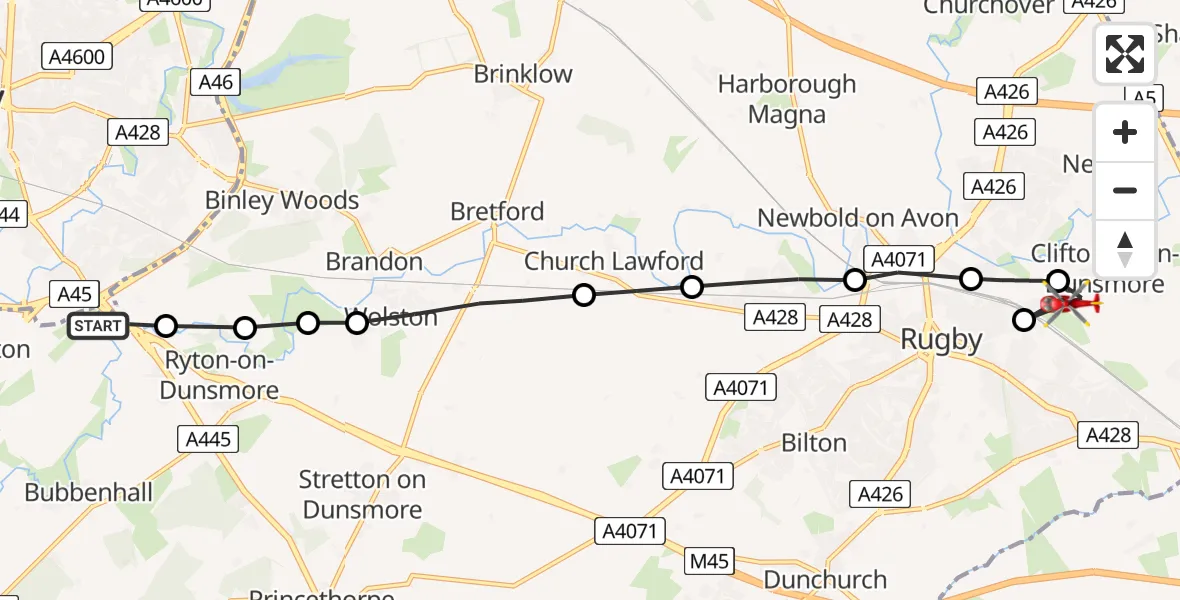 Routekaart van de vlucht: Air Ambulance Helicopter to Clifton upon Dunsmore CP, Houlton Way