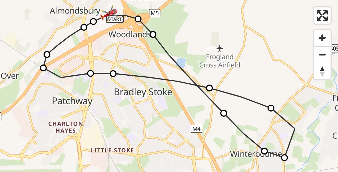 Flight route map: Air Ambulance Helicopter to Almondsbury Helicopter Base, Almondsbury Helicopter Base