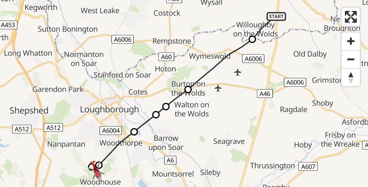 Routekaart van de vlucht: Air Ambulance Helicopter to Woodhouse Eaves, Brook Lane