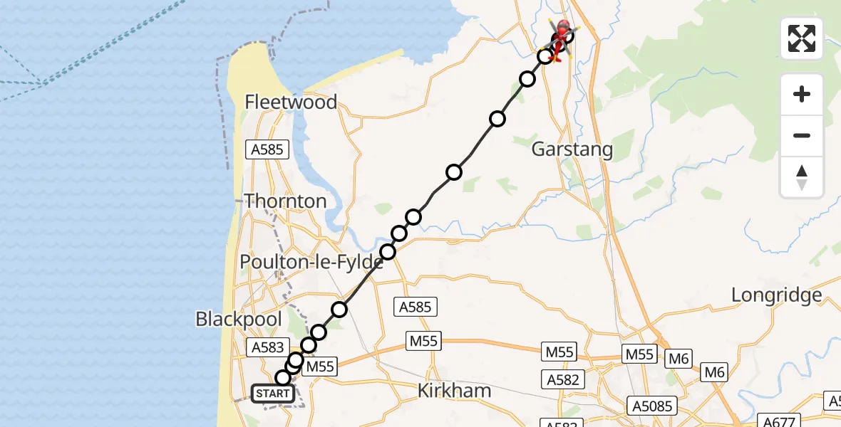 Flight route map: Air Ambulance Helicopter to Forton, School Lane