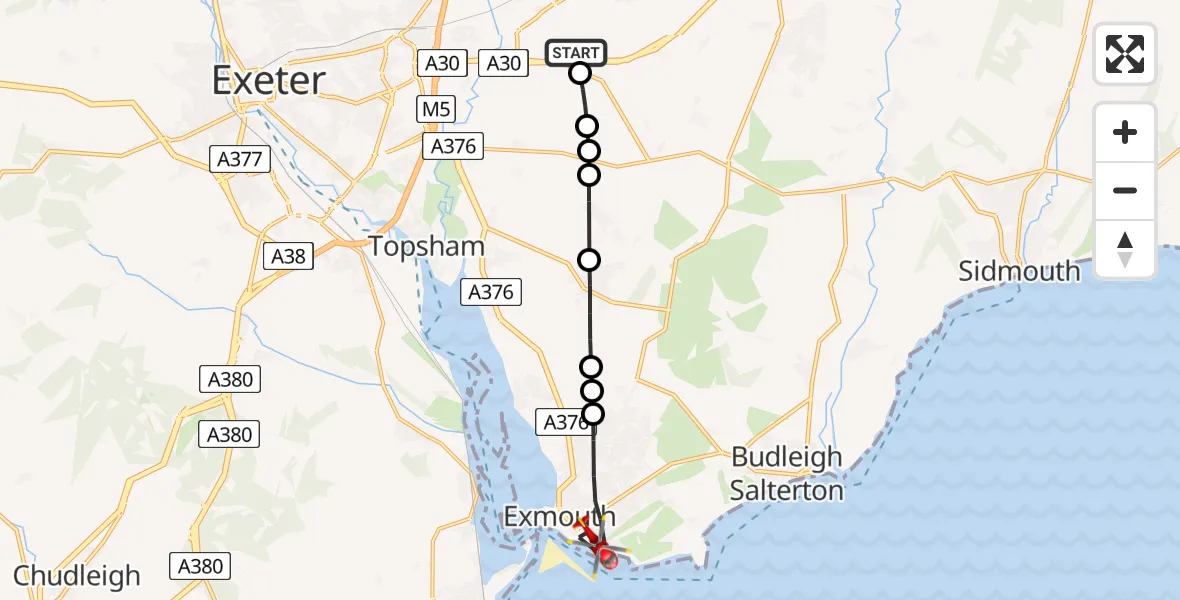Flight route map: Air Ambulance Helicopter to Exmouth, Maer Road