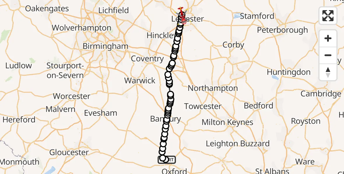 Flight route map: Air Ambulance Helicopter to Leicester, Groby Road