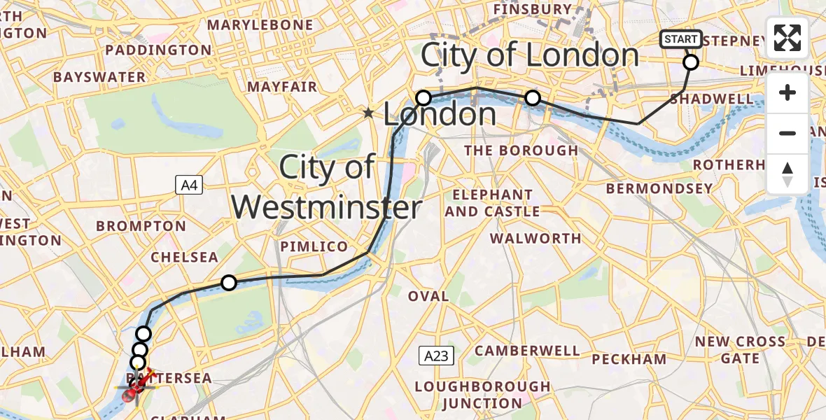 Flight route map: Air Ambulance Helicopter to London Heliport, Bridges Court