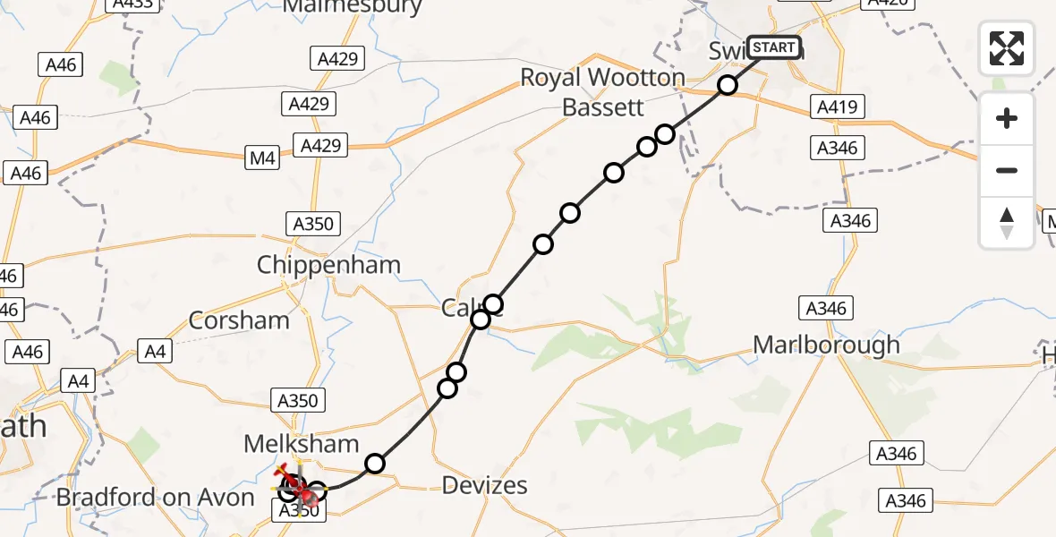Flight route map: Air Ambulance Helicopter to Melksham, Commerce Way