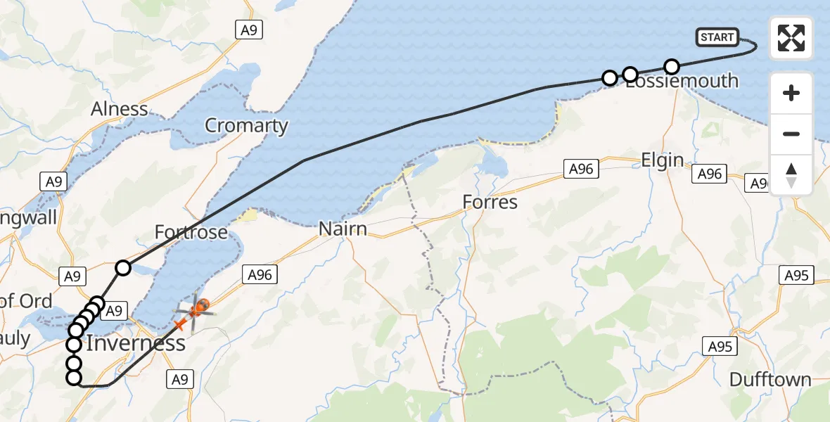 Flight route map: Coastguard Helicopter to Inverness, A96