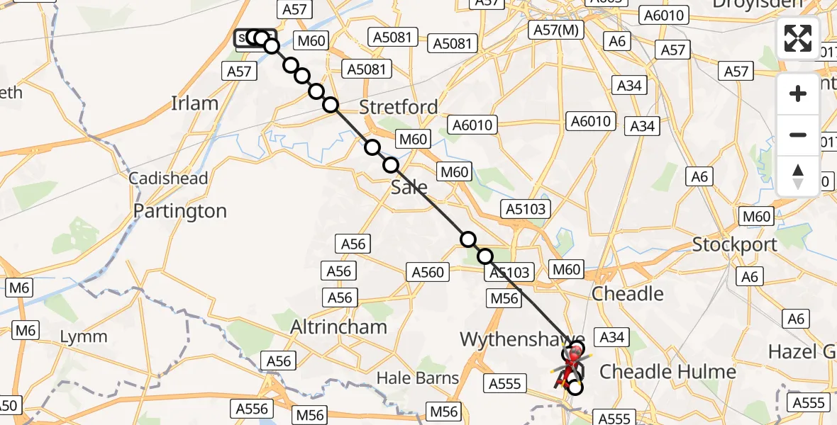 Flight route map: Air Ambulance Helicopter to Wythenshawe, Styal Road