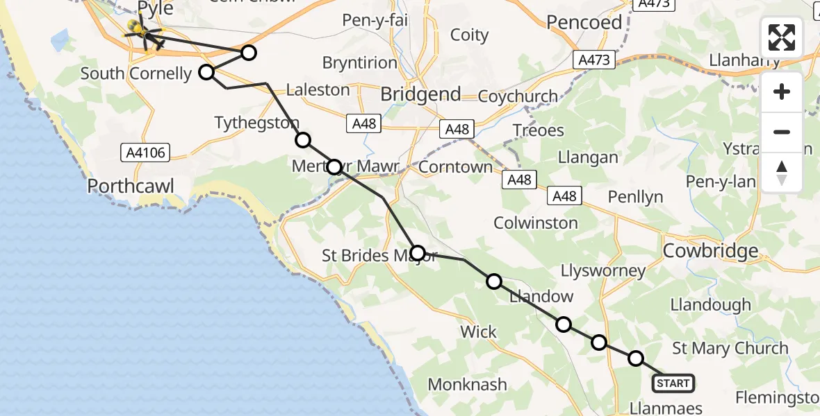 Flight path map showing Police Helicopter route from Llanmaes to Pyle