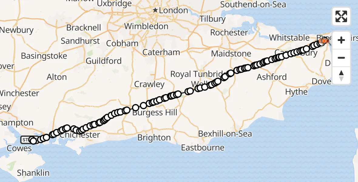 Flight route map: Coastguard Helicopter to Manston Airport, Manston Airport