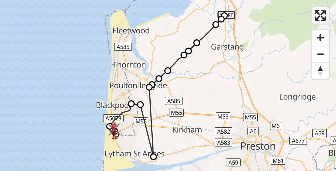 Flight route map: Air Ambulance Helicopter to Fylde, Stony Hill Avenue