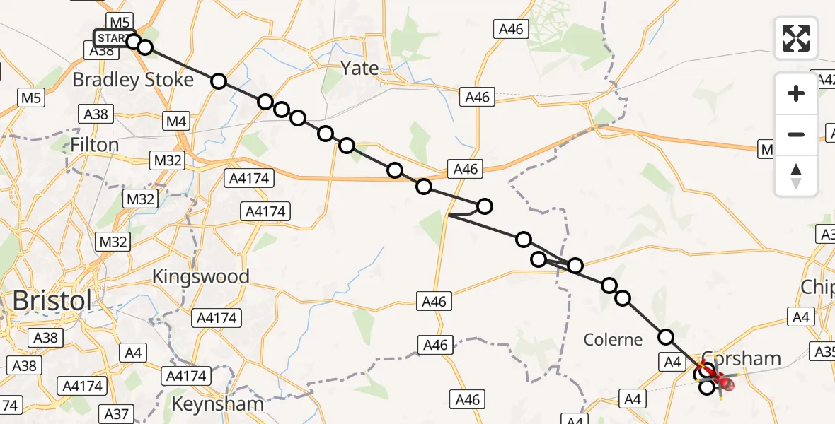 Routekaart van de vlucht: Air Ambulance Helicopter to Corsham, Burlington Place