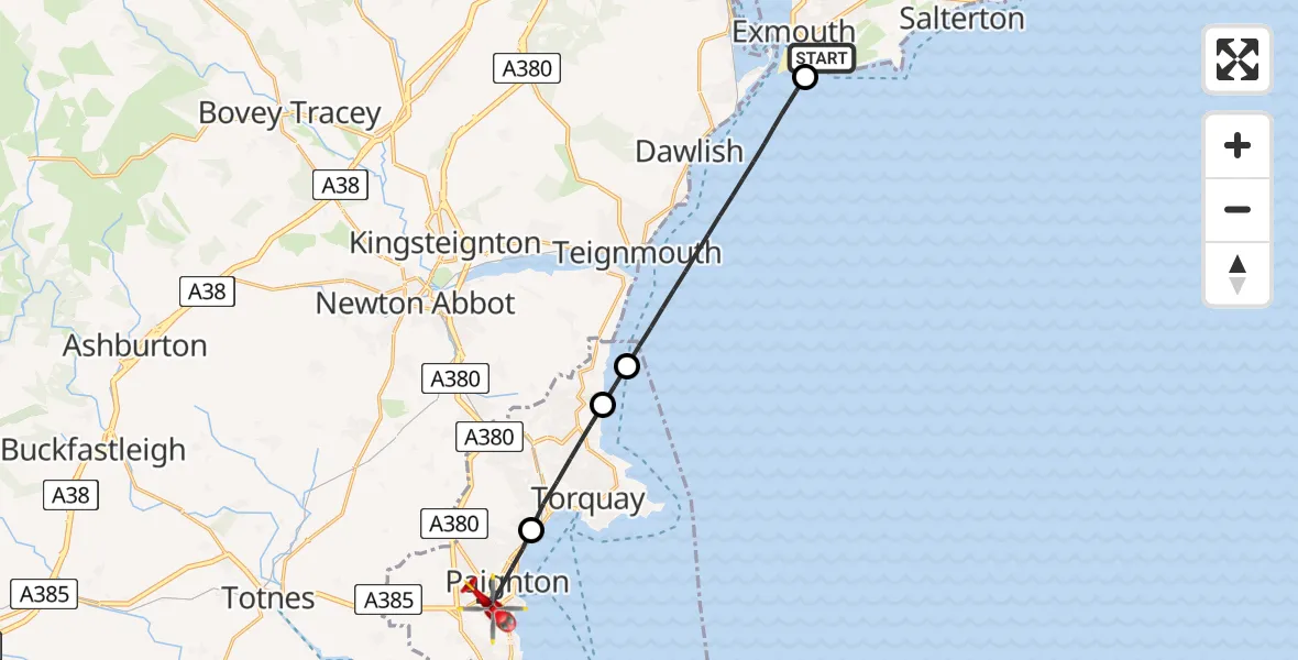 Flight route map: Air Ambulance Helicopter to Paignton, St. Michael's Road Rear