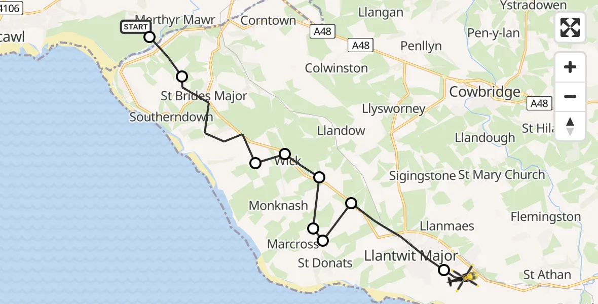 Flight path map showing Police Helicopter route from Merthyr Mawr to Boverton