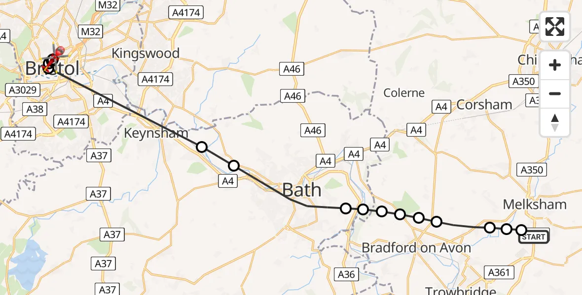 Flight route map: Air Ambulance Helicopter to Bristol Royal Infirmary, Bristol Royal Infirmary