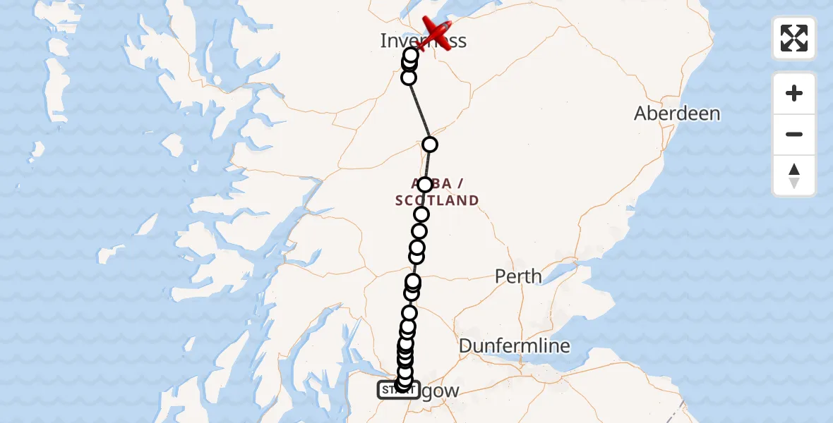 Flight path map showing Air Ambulance Aircraft route from Glasgow Airport to Inverness