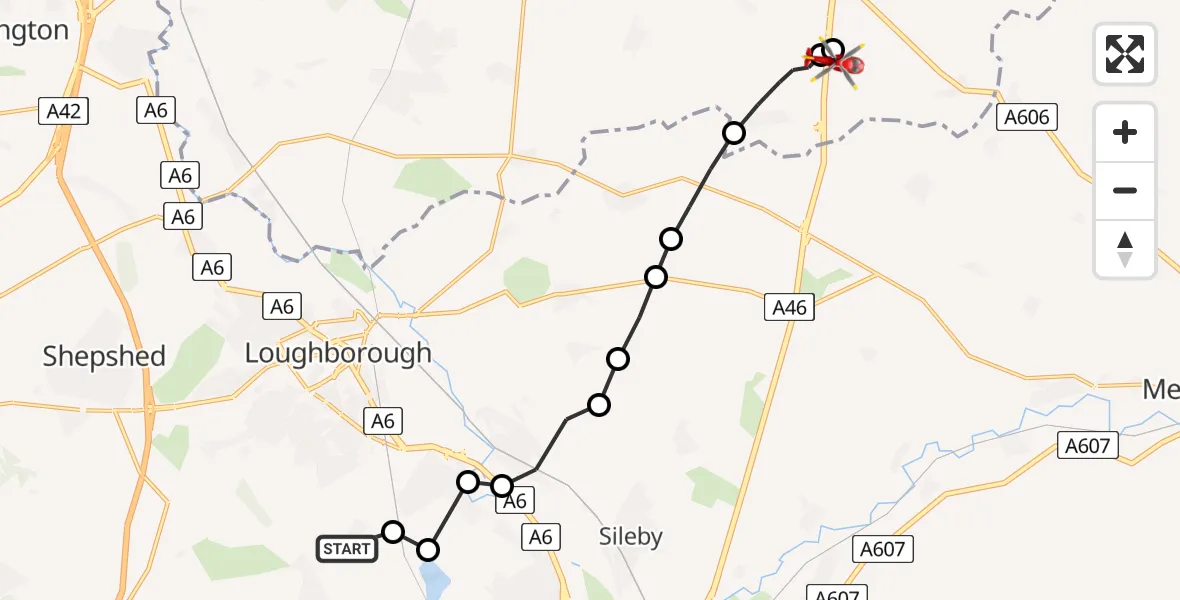 Routekaart van de vlucht: Air Ambulance Helicopter to Rushcliffe, A46