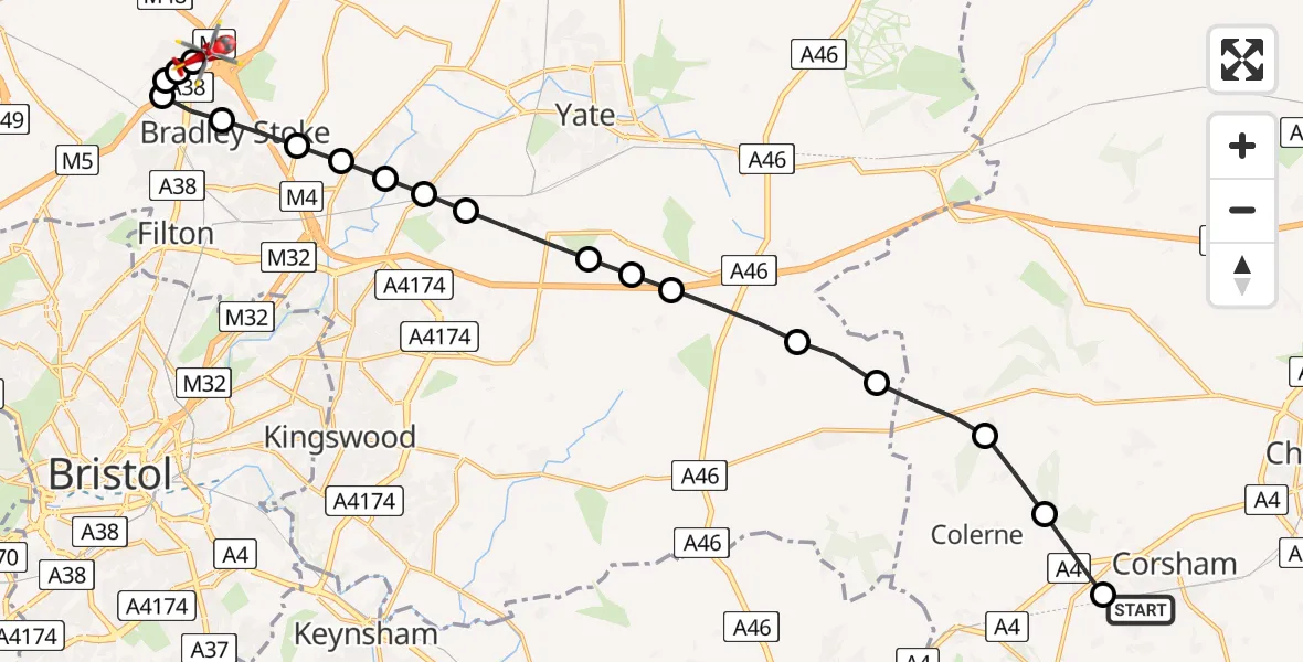 Routekaart van de vlucht: Air Ambulance Helicopter to Almondsbury Helicopter Base, Almondsbury Helicopter Base