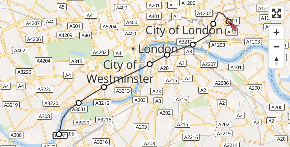 Flight route map: Air Ambulance Helicopter to Royal London Hospital, Royal London Hospital