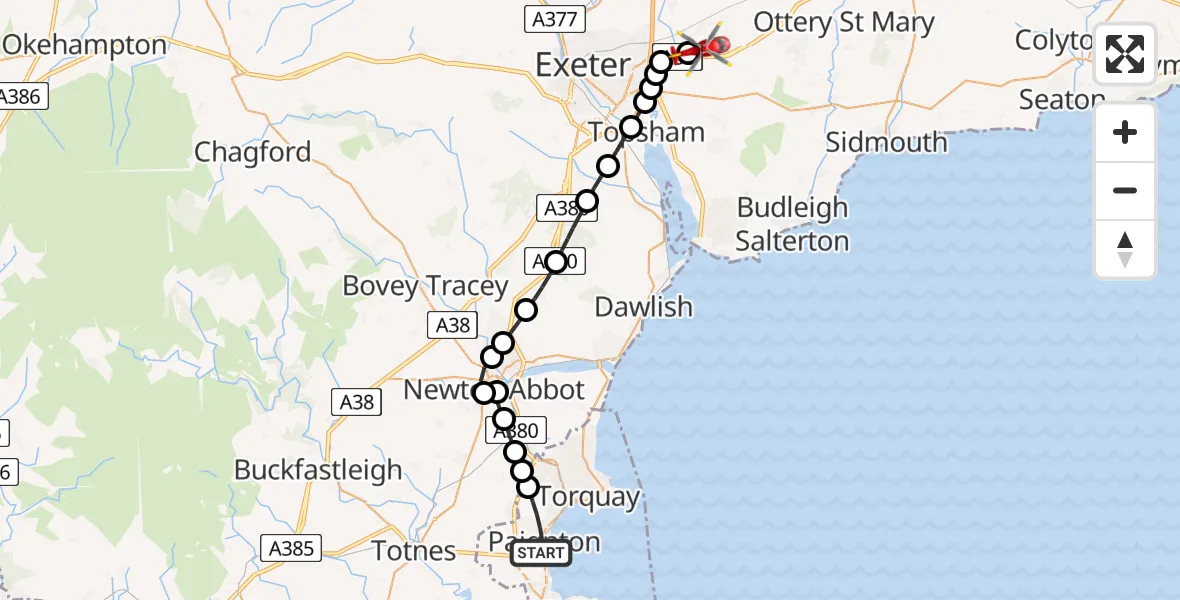Flight route map: Air Ambulance Helicopter to Exeter International Airport, Exeter International Airport