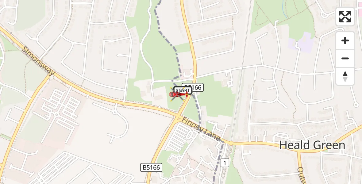 Flight route map: Air Ambulance Helicopter to Wythenshawe, Styal Road