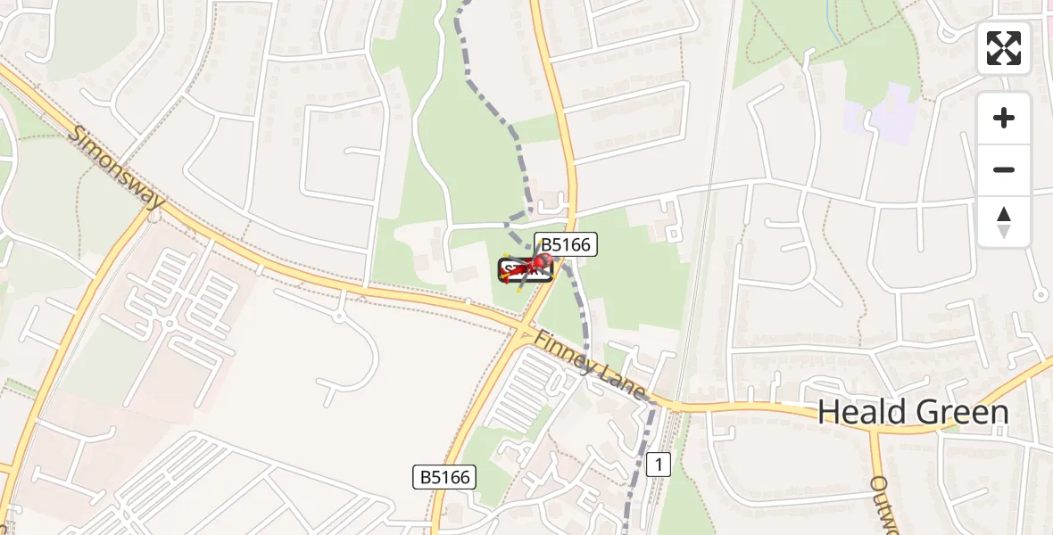 Flight route map: Air Ambulance Helicopter to Wythenshawe, Styal Road