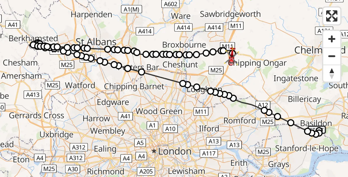 Flight route map: Air Ambulance Helicopter to North Weald Airfield, North Weald Airfield