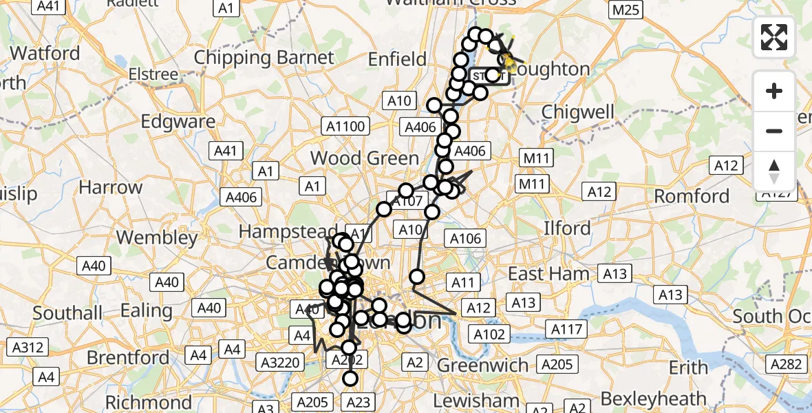 Flight route map: Police Helicopter to Sewardstonebury, Bury Road