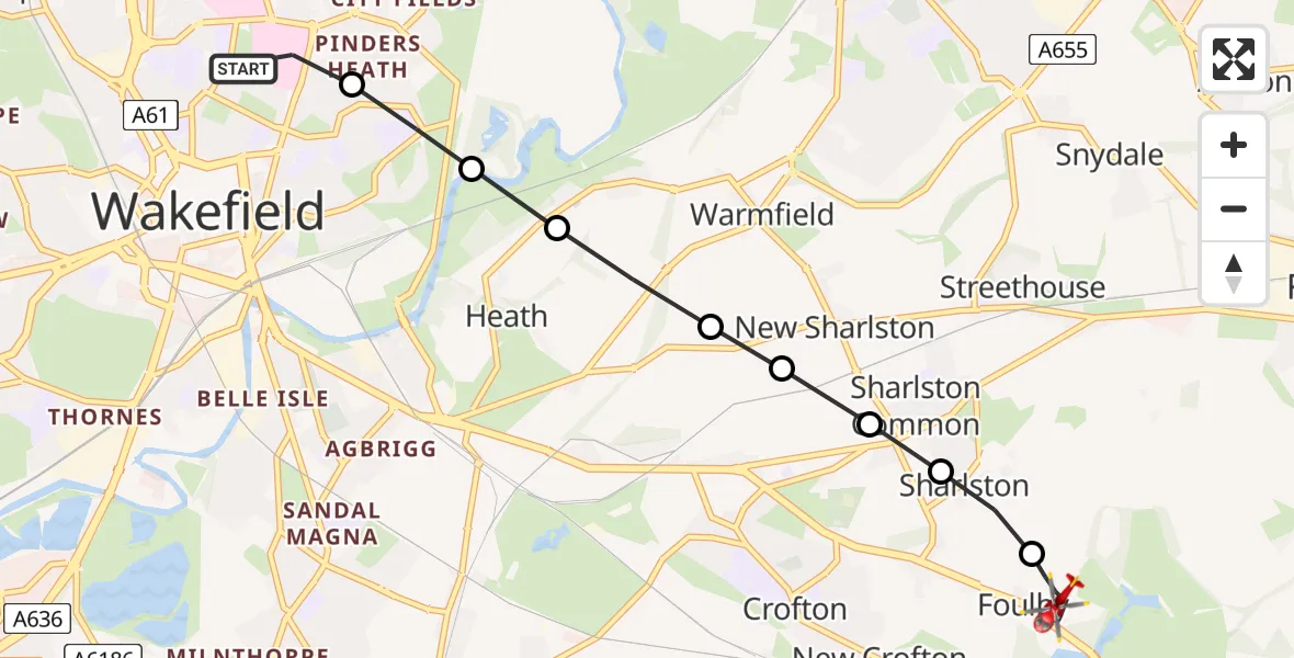 Flight route map: Air Ambulance Helicopter to YAA Nostell Helicopter Port, YAA Nostell Helicopter Port