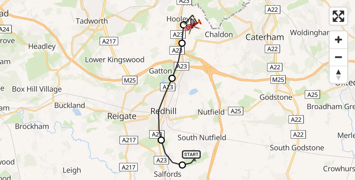 Flight route map: Air Ambulance Helicopter to Netherne-on-the-Hill, Beckett Road