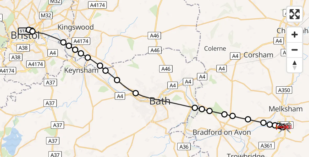 Flight route map: Air Ambulance Helicopter to Trowbridge, Trowbridge