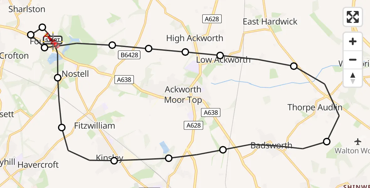 Flight path map showing Air Ambulance Helicopter route from YAA Nostell Helicopter Port to YAA Nostell Helicopter Port