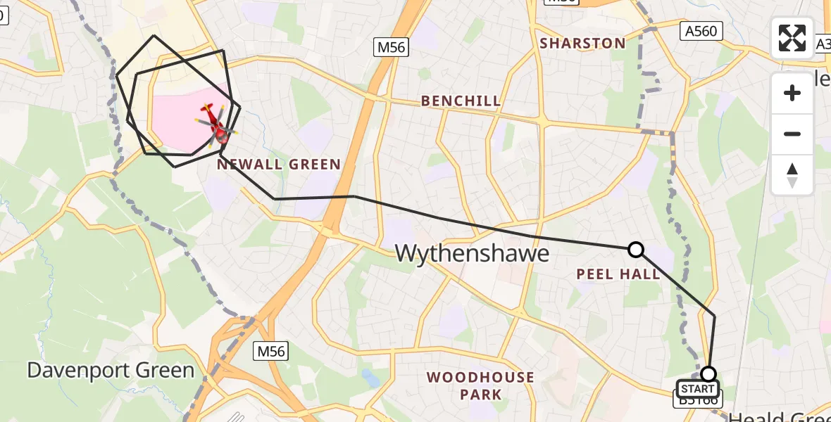 Flight route map: Air Ambulance Helicopter to Wythenshawe, Nevendon Drive